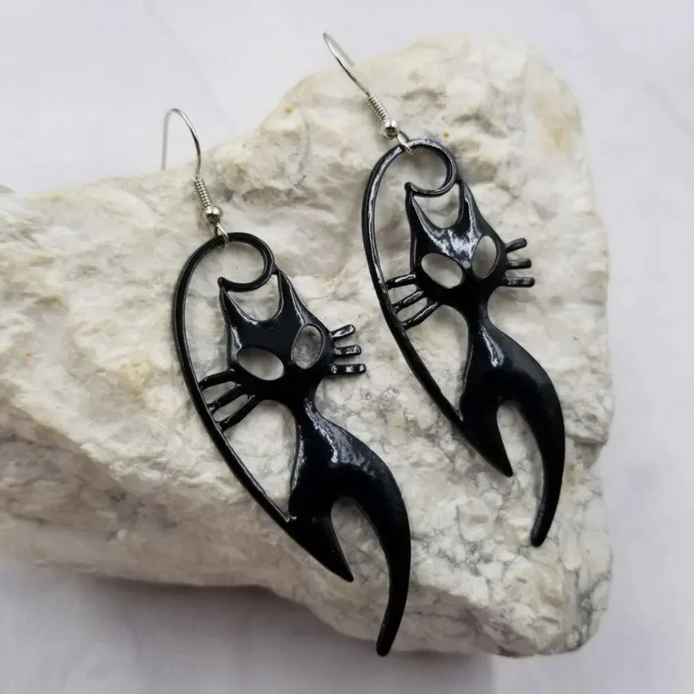Halloween Goth Black Cat Dangle Earrings - Picture 1 of 2